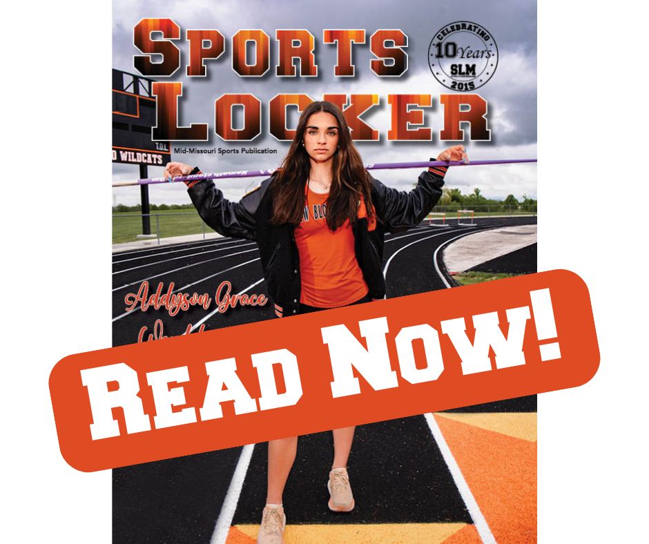 The cover of the "Sports Locker" magazine featuring Addyson Grace Werdehausen from New Bloomfield High School. She stands confidently on a track field, wearing an orange sports top and black shorts, holding a javelin. The magazine also marks the 10th anniversary of "Sports Locker."