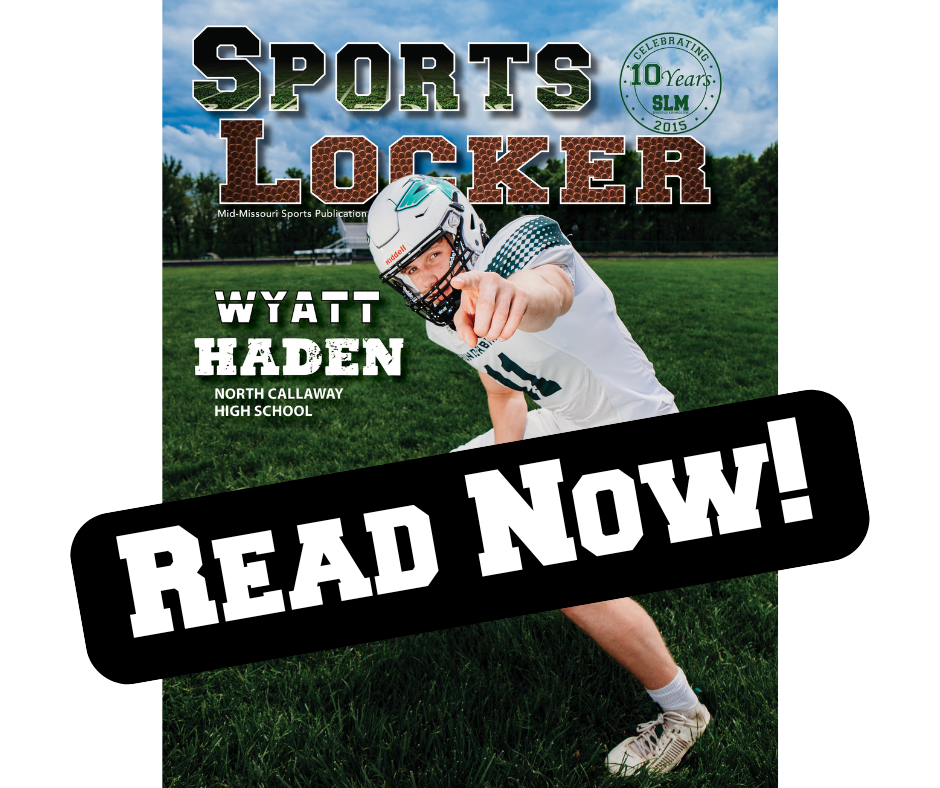 The cover of the "Sports Locker" magazine featuring Wyatt Haden from Blair Oaks High School. He stands in the middle of a football field in his uniform. The magazine also marks the 10th anniversary of "Sports Locker."