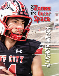 football player on the cover of a magazine that reads "End Zones and Outer Space"